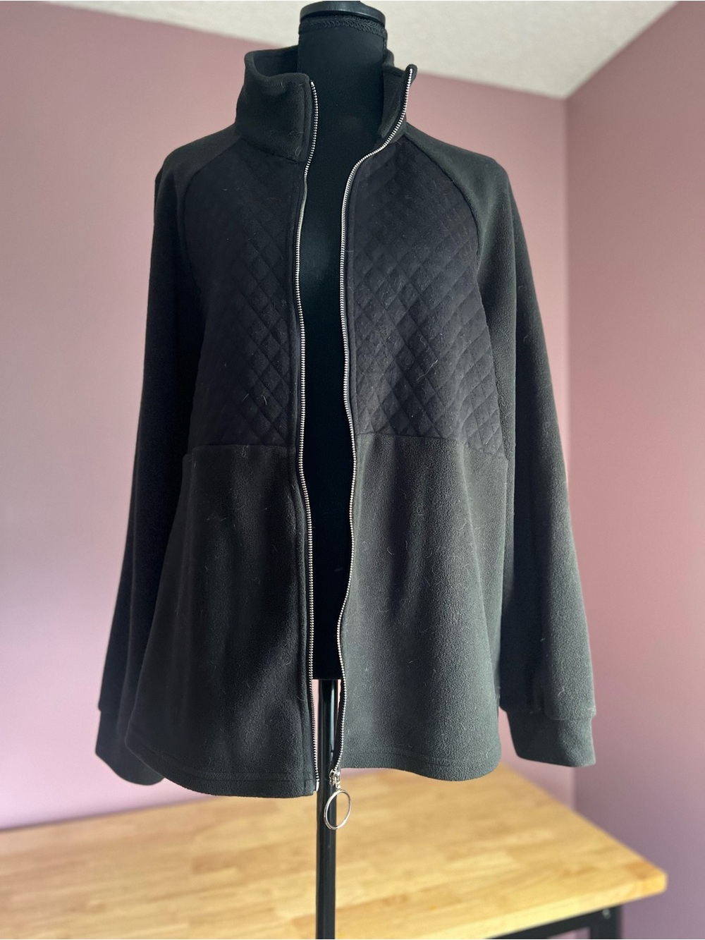 SHEIN Black Quilted-Panel Zip Bomber Jacket